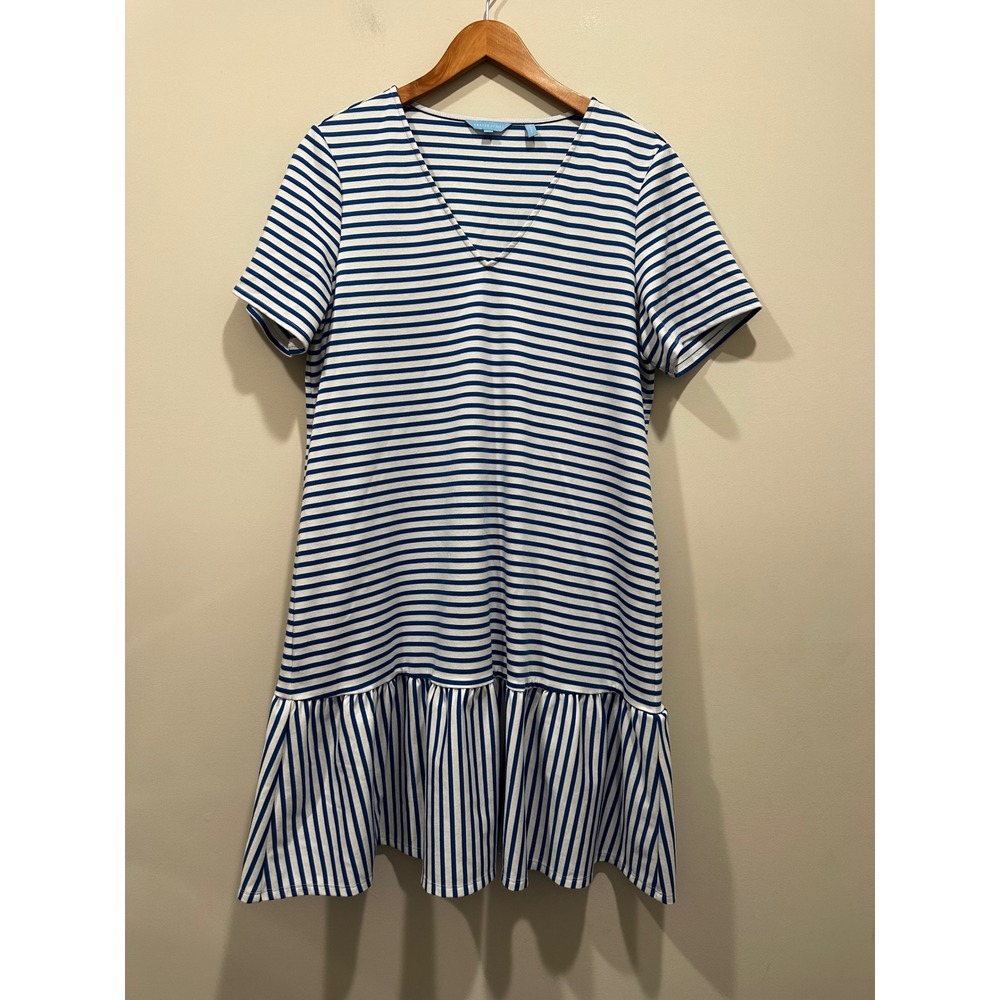 Draper James Womens Blue White Striped V-Neck Ruffle Hem Knit Dress Large
